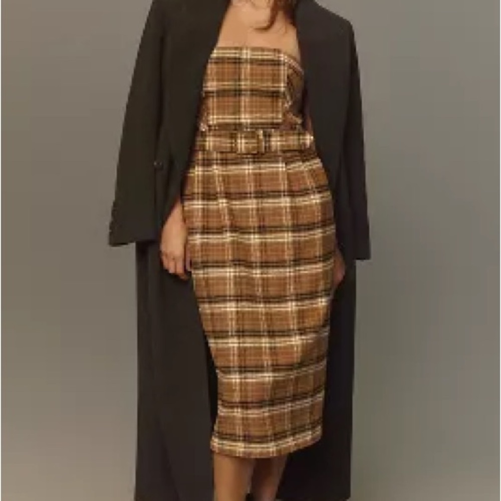 Anthropologie Brown Plaid Strapless Dress